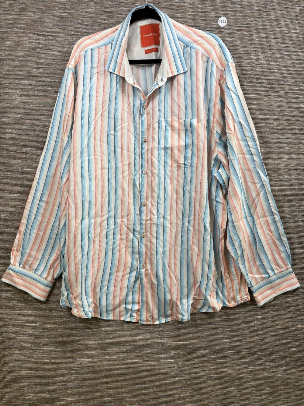 Tommy Bahama Island Modern Fit Shirt Mens Size XXL Pink Blue Striped Long Sleeve